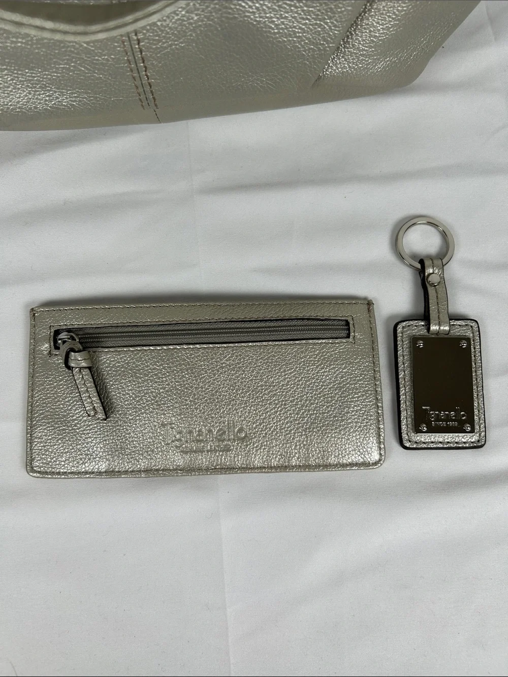 Tignanello Leather Metallic Silver Hobo Bag with Matching Wallet And Keyring